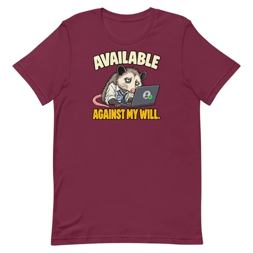 Available — Maroon shirt, front design