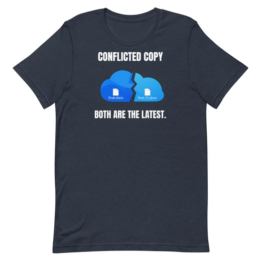 Conflicted Copy — Heather Navy shirt, front design